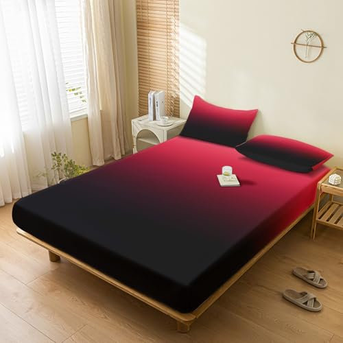 Generisch Spannbettlaken 180x200cm Ombré, mit 2 Kissenbezug 80x80 - Bettlaken Rot Schwarz Ombre Motiv, Deko & Geschenke, 30 cm Steghöhe, Gebürstete Mikrofaser Spannbetttuch - SJE1092
