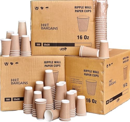 HOT BARGAINS Kraft Paper Coffee Cups 16oz/460ml, Pack of 50, Triple Wall Insulated Hot Drink Cups (50, 16oz)