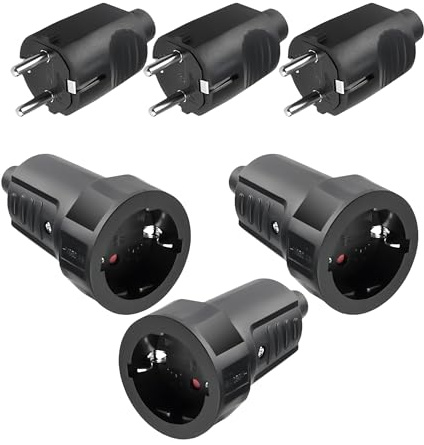 3 Paar Schuko Stecker Kupplung - Schukostecker Außenbereich 2polig 250V 16A | 2-polige Gummikupplungen ohne Kabel für den Außenbereich wasserfest nach IP54 Schwarze Schukostecker