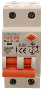 Interruttore Magnetotermico Differenziale Tipo A, 1P+N Curva C 6KA 30mA 220V, Occupa 2 Moduli DIN, RCBO Tipo A C25 25A