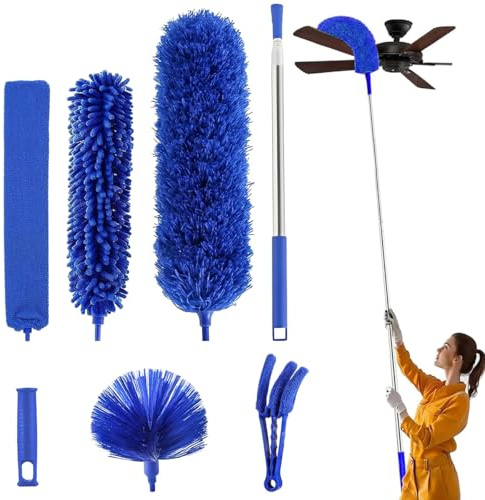 JNEYVIC 7 Stk Staubwedel Teleskop Staubwischer Lang Ausziehbar bis 250cm Spinnenwebenentferner Teleskop Spinnwebenbesen Blue Waschbarer Staubfänger Staubwedel mit Teleskopstange für Decken Spinnweben