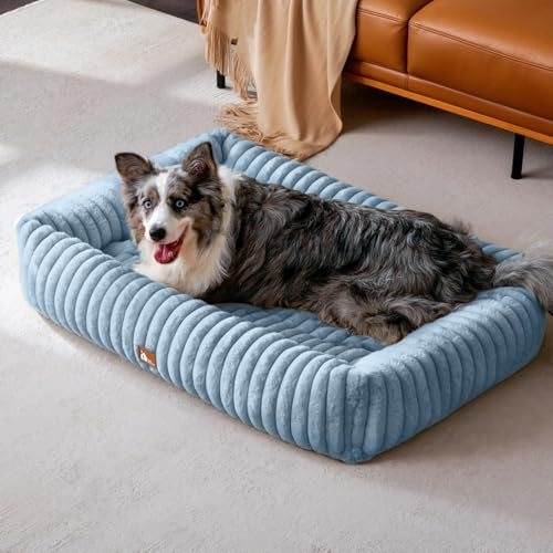 Upvilla Luxus Hundebett,4-seitiges Hundesofa,waschbarer Hundekorb,XL Blau | Superweicher Kaninchen-Kunstfell-Bezug, dick aufgefüllte Stützpolsterung, integrierter Tragegriff, Großtierbett, Katzenbett