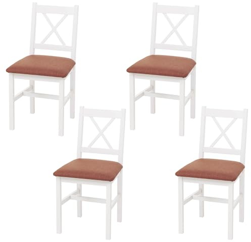 Mendler 4er-Set Esszimmerstuhl HWC-F77, Lehnstuhl Küchenstuhl Stuhl, Massiv-Holz Stoff Landhaus - weiß, Polster terrakotta