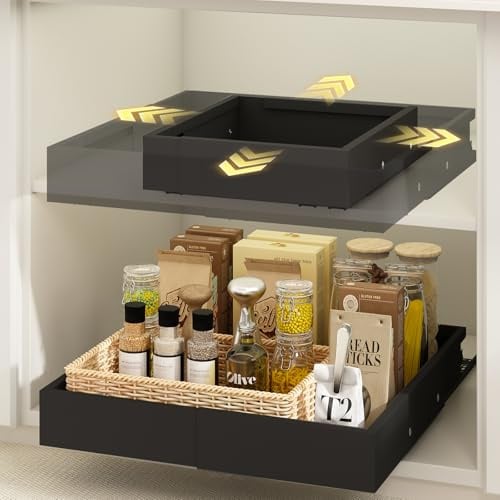 Mointal 2 Stück Kleine 4 Richtungen Teleskopschublade, Ausziehbare Schublade Küche, Verstellbare Breite 26–41 cm & Tiefe 33–42 cm, Metall Schrank-Schubladen-Organizer, Schraub/Klebemontage, Schwarz