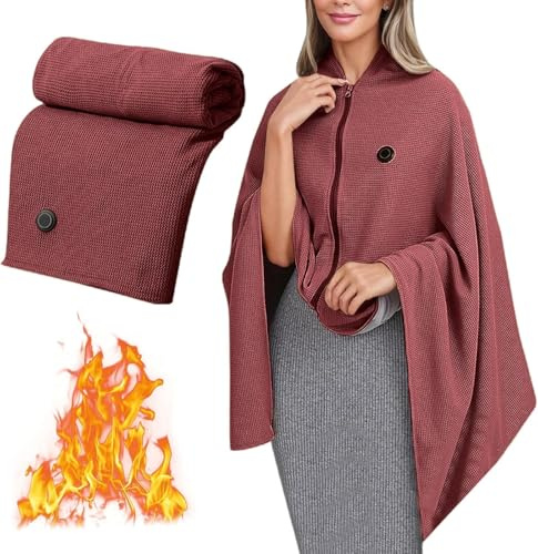 Electric Heated Shawl Wraps,Winter Warm Heated Blanket Wearable Shawl, 3 Heat Levels 8 Heating Electric Wrap, USB Powered Heating Zipper Blanket for Car Outdoor Camping Office (Red)