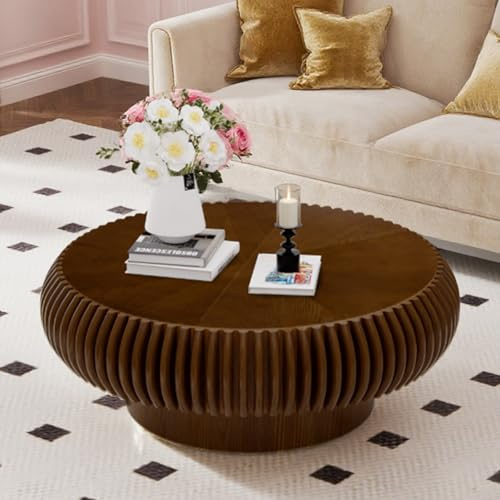 WUPDPQS Runder Couchtisch, Walnuss, 80cm | Für Wohnzimmer, Holz Geriffelter, Trommelform, Mid-Century-Stil, Niedriger Kaffetisch, Für Kleine Räume