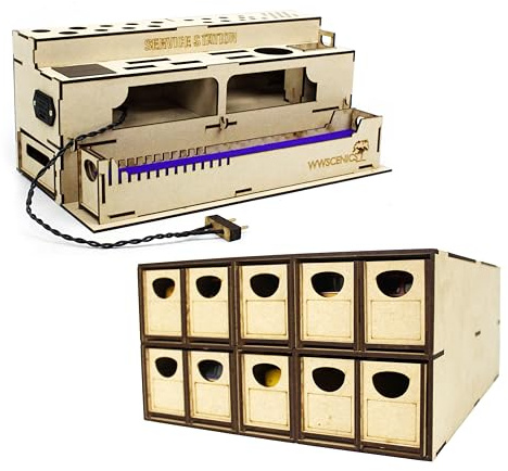WWScenics Loco Aufbewahrungsbox 10 Schubladen & Lok Servicestation - 0,000 Gauge Modelleisenbahn Lokomotive Lagerung & Wartung Bundle - Stapelbare Aufbewahrung mit tragbarer Reinigungsstation