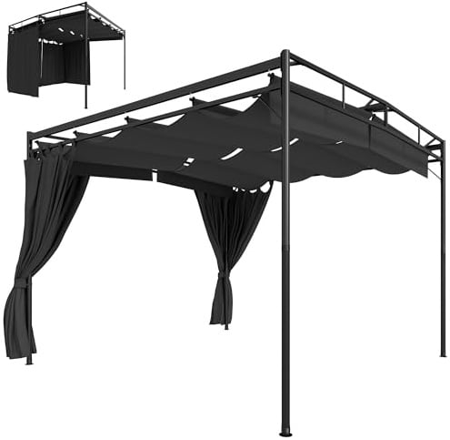 Outsunny Pergola Pavillon 3x3m Wasserabweisend Sonnenschutz mit verstellbares Schiebedach Vorhängen, freistehend Gartenpavillon Stabil Terrassenüberdachung Überdachung für Garten Terrasse Dunkelgrau