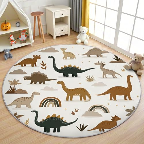 AevuCub Dinosaurier Kinder Teppich Rund 100cm Kurzflor - Waschbare Teppiche Wohnzimmer Niedlich Cartoon Dino - Runder Teppich 100cm Durchmesser Kinderzimmer - Bettvorleger Schlafzimmer rutschfest