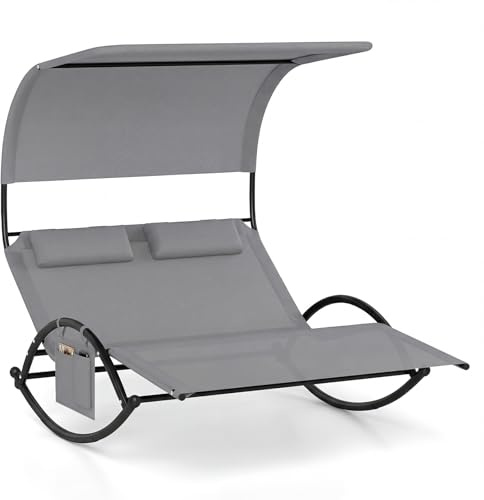 GIANTEX Poltrona a Dondolo Doppia, Lettino a Dondolo con Tettoia, Cuscini Poggiatesta, Braccioli e Struttura in Metallo, Lettino a Dondolo per Patio, Cortile, Bordo Piscina (Grigio)
