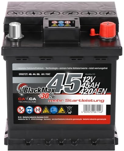 BlackMax Autobatterie 12V 45Ah 420A/EN Starterbatterie | Wartungsfrei mit +30% Startkraft – Ersetzt 40Ah, 44Ah, 45Ah – Für PKW & Kleinwagen – Sofort Einsatzbereit & Rüttelfest