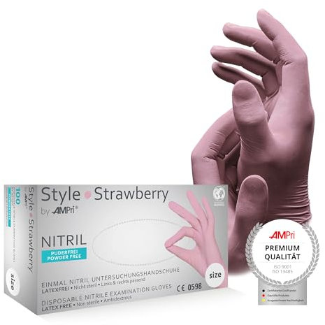 AMPri Nitrilhandschuhe, rosa, 100 Stück/Box, Größe M, puderfrei, Style Strawberry by Med-Comfort: Nitril Einmalhandschuhe, Einweghandschuhe in den Größen XS, S, M, L, XL