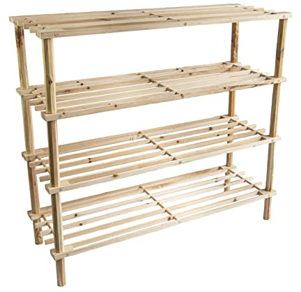 ABN Finest Wooden Shoe Rack 4 Tier Storage Shelf Unit Tall Narrow Shelving Stand Stackable Slots Organizer Slim Under Stairs Porch