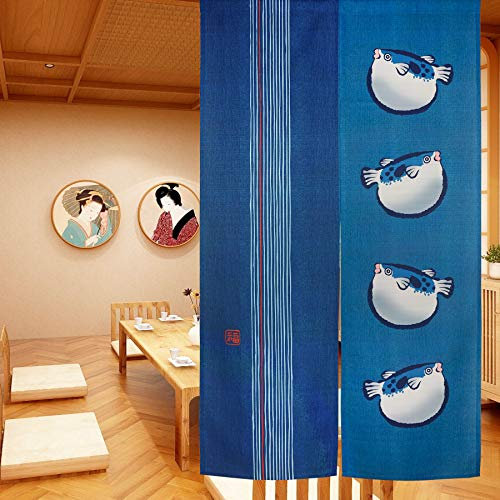 LIGICKY Noren Rideau Japonais Long Tapisserie Fenêtre Rideaux Panneau Tenture Tapisserie Décoration Bleu (85×150cm, Poisson Puffer)