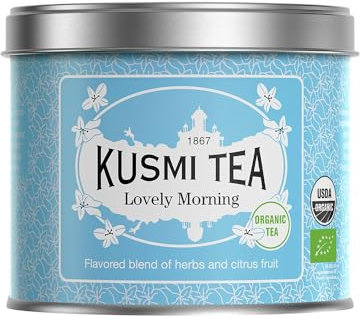 Kusmi Tea - Lovely Morning Bio - Mélange Bio de Thé Vert, Maté, Citron, Guarana, Pamplemousse et Orange - Thé Vert Aromatisé - Boîte Thé Métal 100g - Quantité pour environ 50 Tasses