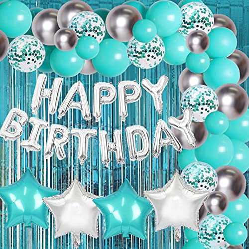 Fangleland Blaugrün Blue Geburtstag Dekorationen Set mit Happy Birthday Luftballons Banner Türkis Blue und Silber Luftballons Vorhang für Blaugrün 30. 40. 50. Geburtstag Baby Shower