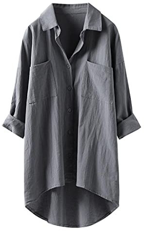 KUKICAT Chemise en Coton Lin Femme Oversize Shirt Manche Longue Casual Ample Blouse Grande Taille Automne avec 2 Poches