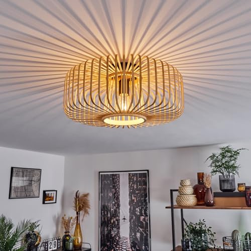 hofstein Plafonnier Oravi plafonnier moderne en métal/bambou noir/naturel, luminaire au design moderne avec effet de lumière, ø40 cm, 1 flamme, 1 x E27, sans ampoules