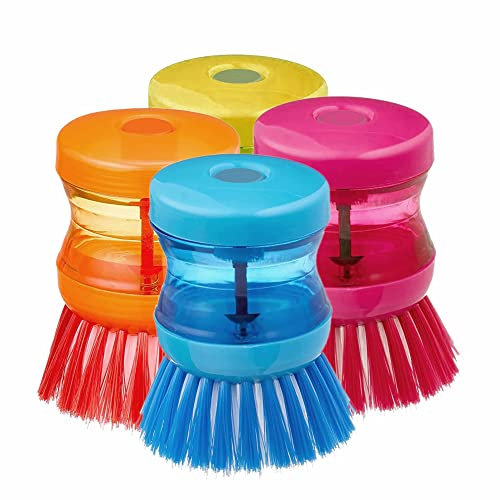 MUIZZ Dish Brush Soap Dispensing Washing Up Scrubber Heavy Duty Scrubbing Brushes Utensils Tool For Plates Pot Pan Sink Cleaning Gadget Kitchen Accessories Assorted Color 9cm X 8cm (Pack Of 1) (N-12)