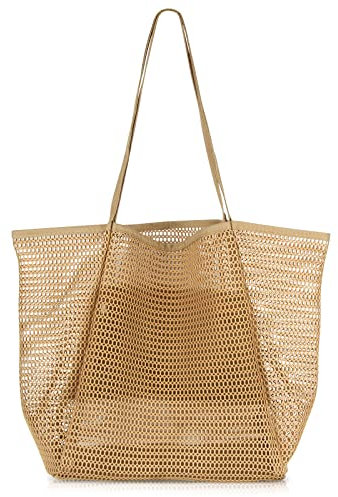 Desing Wish Netztasche Strandtasche Damen Tasche Handtasche Groß Tote Bag mit Reißverschluss Badetasche Sandspielzeug Tasche Shopper Mesh Beach Bag für Damen Herren Kinder Familie Reise Strand Shopper