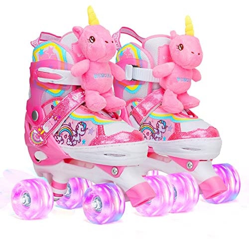 Kinder Einhorn-Puppe Rollschuhe für Mädchen 4 Größen Verstellbar Mit Leuchtenden Rädern Quad Roller Skates für Anfänger Weihnachts und Geburtstags Geschenke XS(26~29)