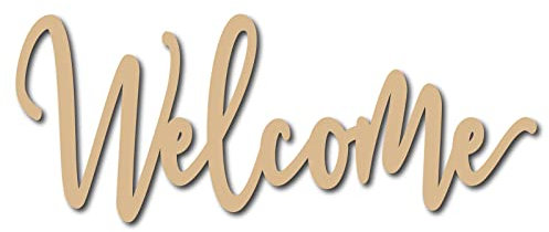 CREATCABIN Welcome Sign Wooden Wall Decor Art Cutout Laser Cut Unfinished Letters Word Decorative DIY for Home Apartment Kitchen Front Door Party Farmhouse Porch Decoration 12 x 4.7 Inch,Burlywood