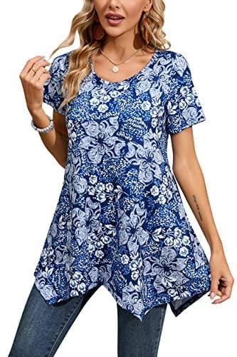 Enmain Womens Tunic Top Summer Short Sleeve Tops for Women UK Plus Size Round Neck Ladies Tunics for Leggings Blue Swing T-Shirt Casual Elegant Dressy Blouse Loose T Shirt 2XL