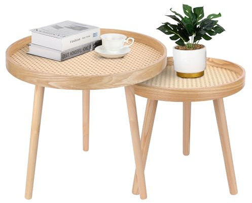 Runder Couchtisch 2er Set, Natürlicher Boho Beistelltisch, Kleiner Mid Century Moderner Rattan Tisch für Wohnzimmer, Schlafzimmer, Büro