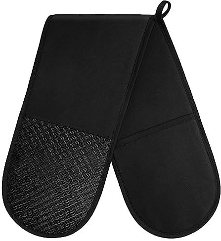 AUAUY 1 PC Black Double Oven Gloves, 250°C/482°F Heat Resistant BBQ Oven Mittens with Ropes, Silicone Non-slip Design Gloves-Oven Mitts, Cooking Oven Glove Mitts for Cooking Baking Grilling