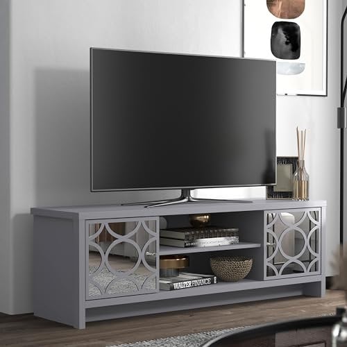 Galano Iris TV Stand – 2-Door Entertainment Unit for up to 60 TV, Modern Cabinet with Large Storage, Grey