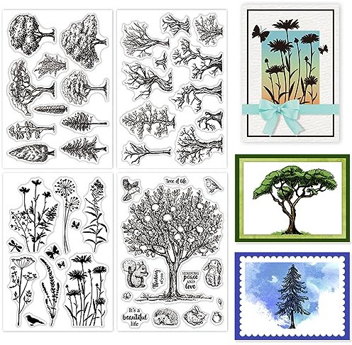 GLOBLELAND 4 Blatt Transparente Stempel Mit Pflanzen, Bäumen, Für Die Kartenherstellung, Blumen-Silhouette, Silikon, Siegel, Für DIY, Scrapbooking