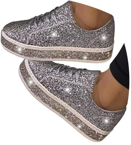 ticticlily Sneakers Damen Pailletten Flache Low Sneaker Atmungsaktiv Strass Glitzer Turnschuhe Outdoor Sportschuhe Laufschuhe