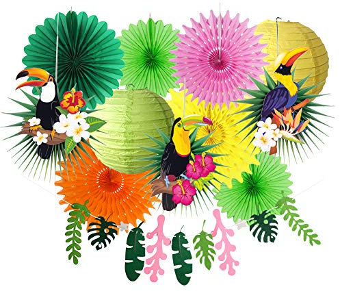 SUNBEAUTY Hawaii Party Deko Sommer Party Dekorationen Gartenparty Geburtstagsdeko Tropische Vogel Grün Blatt Girlande Papier Laternen für Tropische Sommer Beach Party Deko
