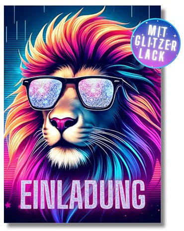 HIDEBLOOM GLITZER Löwe Einladungskarten Kindergeburtstag Mädchen I 12 Stück I DIN A6 (10,5 cm x 14,8 cm) I Einladung Geburtstag Tiere I Geburtstagseinladungen Kinder Löwe mit Sonnenbrille