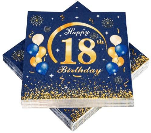 40 Stück Servietten 18 Geburtstag Junge, Blau Deko 18. Geburtstag Junge, 18. Happy Birthday Servietten, 33 x 33cm Papierservietten zum 18. Mädchen Jubiläum