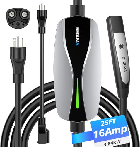 1/2 Level EV Portable Charger for Tesla, 12A/16A, Electric Mobile Car Charger 25ft Extension Cord with 240V NEMA 6-20 Plug, 120V NEMA 5-15 Adapter, Wall Connector