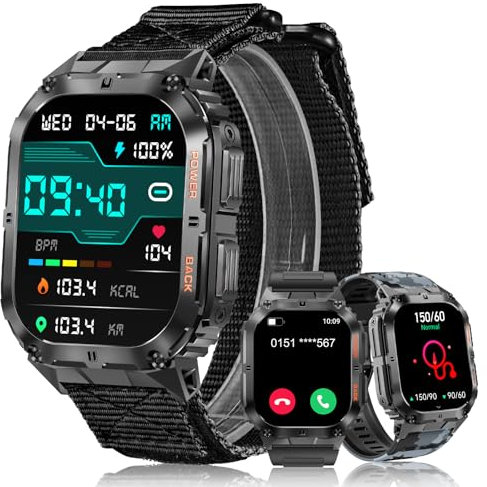 MEGALITH Reloj Inteligente Hombre Llamadas: Whatsapp Smartwatch Bluetooth Compatible con Android iOS - Relojes de Pulsera Presión Arterial - Reloj Militar Negro Nylon para Actividad Fitness