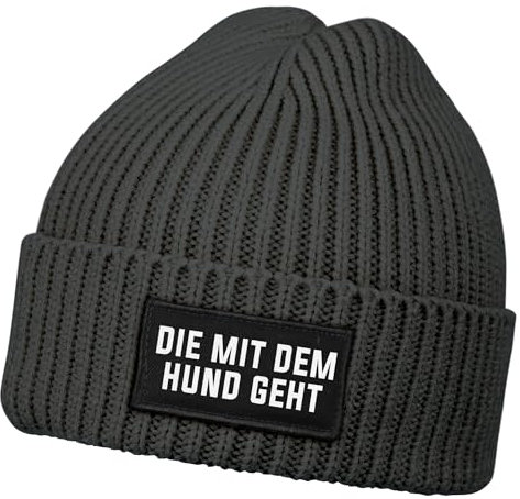 MoonWorks® Damen Beanie mit Patch Strickmütze mit Spruch Die mit dem Hund geht Aufdruck Lustig Damenmütze Dunkelgrau Unisize