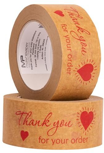 MASHPAPER Nachhaltiges Papierklebeband 50mm x 50m in Braun mit Rotem Positivdruck - Thank you for your order