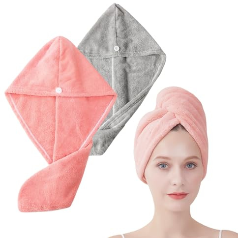 huoflame Mikrofaser Haarturban 2er-Set - Super Saugfähig & Schnelltrocknend Damen Handtuch Turban für Haare - Korallenfleece Kopfhandtuch mit Knopf in Rosa & Grau - 25x65cm Mikrofaserhandtuch