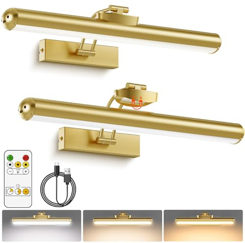 AIXPI Picture Lights for Wall, Battery Operated Wall Lights with Remote, Dimmers, Timers & 3 Color Temps, 12.6 in Rechargeable LED Metal Wall Sconces for Living Room, Artworks, Gold 2 Pack