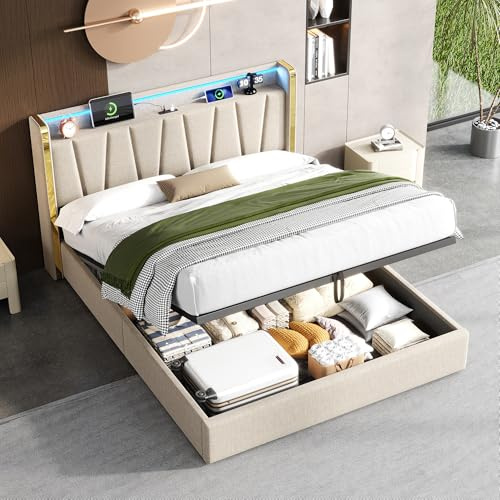 Merax 4FT6 Double Upholstered Bed Frame,135x190 cm Hydraulic Storage Bed, LED Headboard with USB & Type-C Ports, Linen Fabric, Chrome Trim, No Box Spring Needed, Beige (No Mattress)
