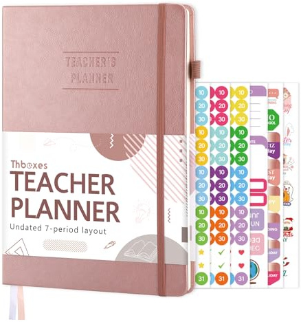 Teacher Planner, Undated Teachers Lesson Plan Book Hardcover, Rose Gold | 100 GSM Paper, Include Student Checklists, Seating Chart, Communication Log, 6 Sticker Sheets, 25 x 17.5 cm