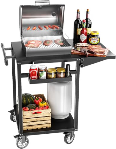 GUIVACI Carrello per barbecue con ruote, tavolo mobile per preparazione barbecue, doppia superficie di appoggio, ruote girevoli a 360°, portata 90 kg, per forno per pizza, giardino e terrazza