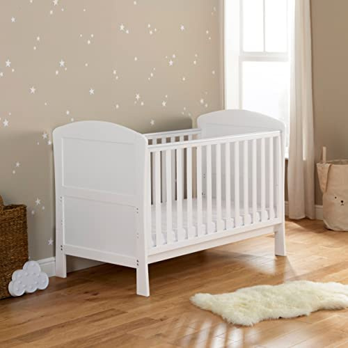 Babymore Aston White Baby Cot Bed with Drop Side - Convertible Baby Cot to Toddler Bed, 3 Adjustable Mattress Positions, Teething Rails, Suitable Birth to 5 Years, (With Mattress)