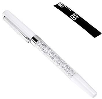 Bolígrafo de punta redonda de calidad con cristales (blanco), también incluye bolsa para bolígrafos y recambio para bolígrafos.