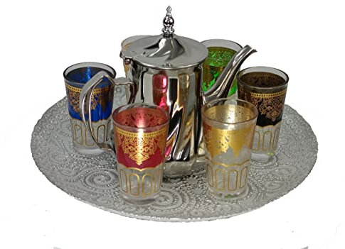 DONREGALOWEB Juego de té marroquí con Bandeja, Tetera y Vasos de Colores, Multicolor, 33 CM DIAMETRO