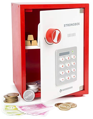 small foot 12012 Tresor inkl. Spielgeld und Goldbarren aus Holz, REGT das Rollenspiel an, Safe für Kinder, ab 3 Jahren Spielzeug, Mehrfarbig