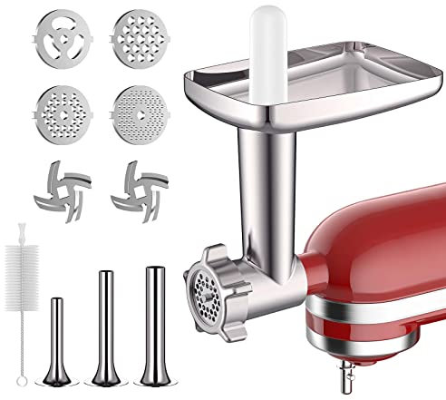 Metal Food Grinder Attachments for KitchenAid Stand Mixers, Attachment Included 3 Sausage Stuffer Tubes, 2 Grinding Blades, 4 Grinding Plates, Durable Food Grinder Attachment for kitchenAid