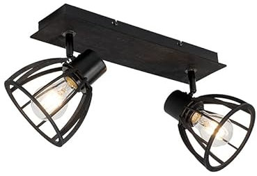 Qazqa - Industrie I Vintage I Industrie I Vintage I Deckenlampe schwarz 2-flammig-flammig - Fotu I Wohnzimmer I Schlafzimmer - Holz Rechteckig I Rund - LED geeignet E27